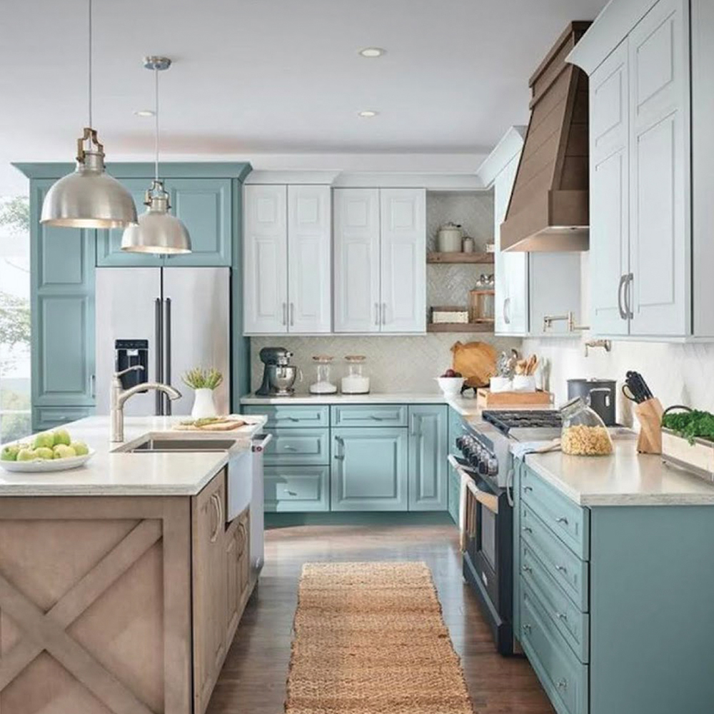 kitchen features baby blue highlights