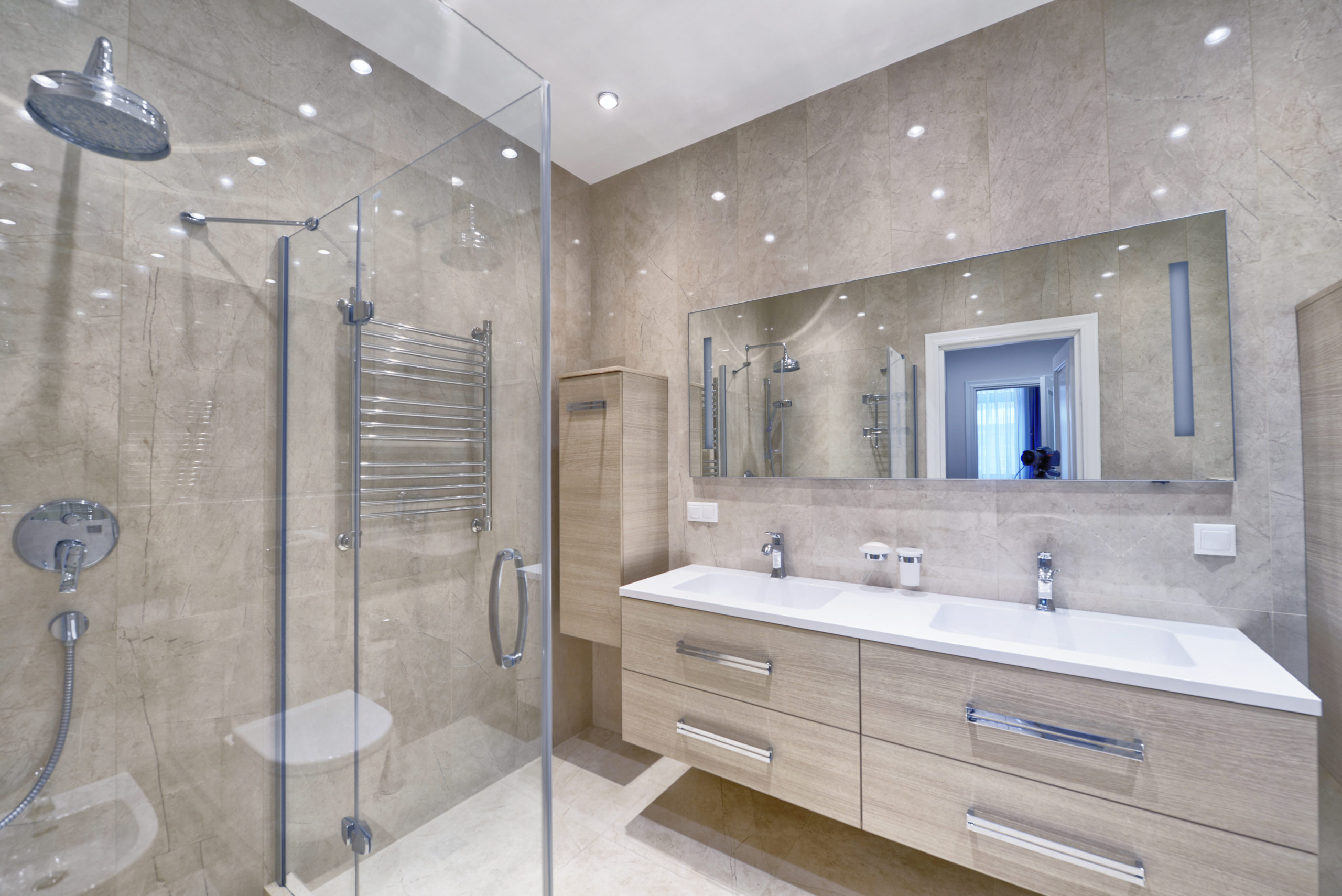 Bathroom Renovation, his & hers double sink vanity, ceremic tiles and heated floor