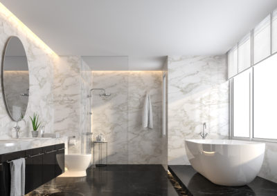 Luxury bathroom with black marble floor and white marble wall 3d render,The room has a clear glass shower partition,There are large windows natural light shining into the room.