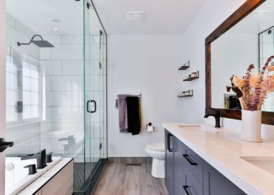Renovated shower with custom double vanity - modern bathroom design