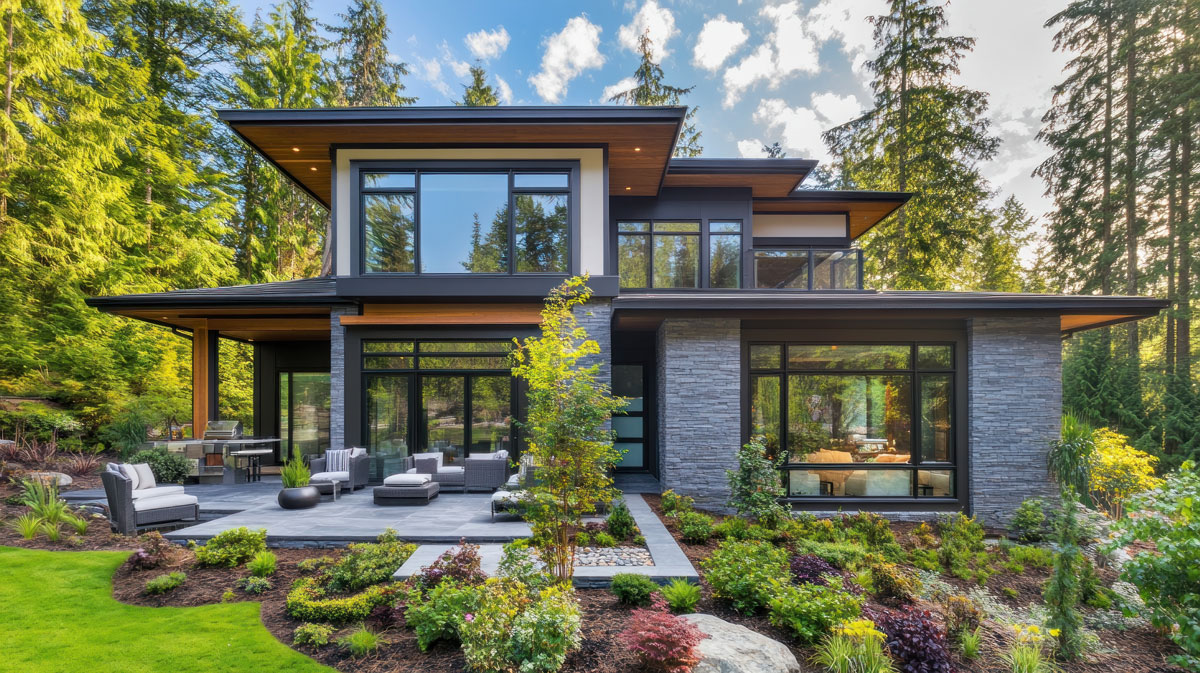 A contemporary home exterior renovation by Magnum Construction Services featuring expansive black-framed windows, modern architectural lines, wood soffits, and stone cladding. The design includes a landscaped patio with outdoor seating surrounded by lush greenery, showcasing the perfect blend of modern style and natural beauty.