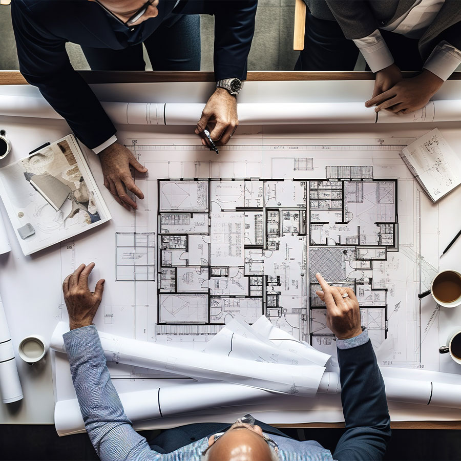 Architects and project managers at Magnum Construction Services reviewing detailed architectural floor plans and design drawings for a custom home renovation project in Vancouver