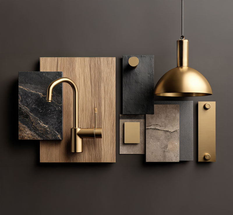 In-house interior design consultation by Magnum Construction Services showing designers reviewing wood and laminate samples for high-end home renovation projects in Vancouver.