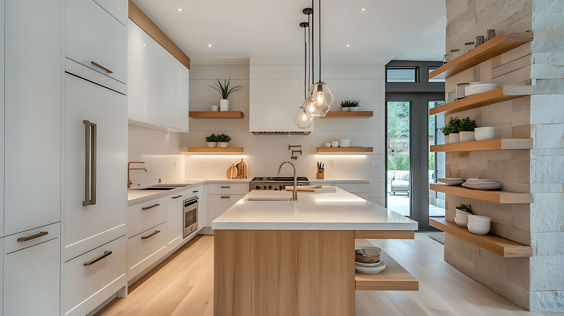 Interior modern kitchen with minimalist oak island with floating shelves by Magnum Construction Services