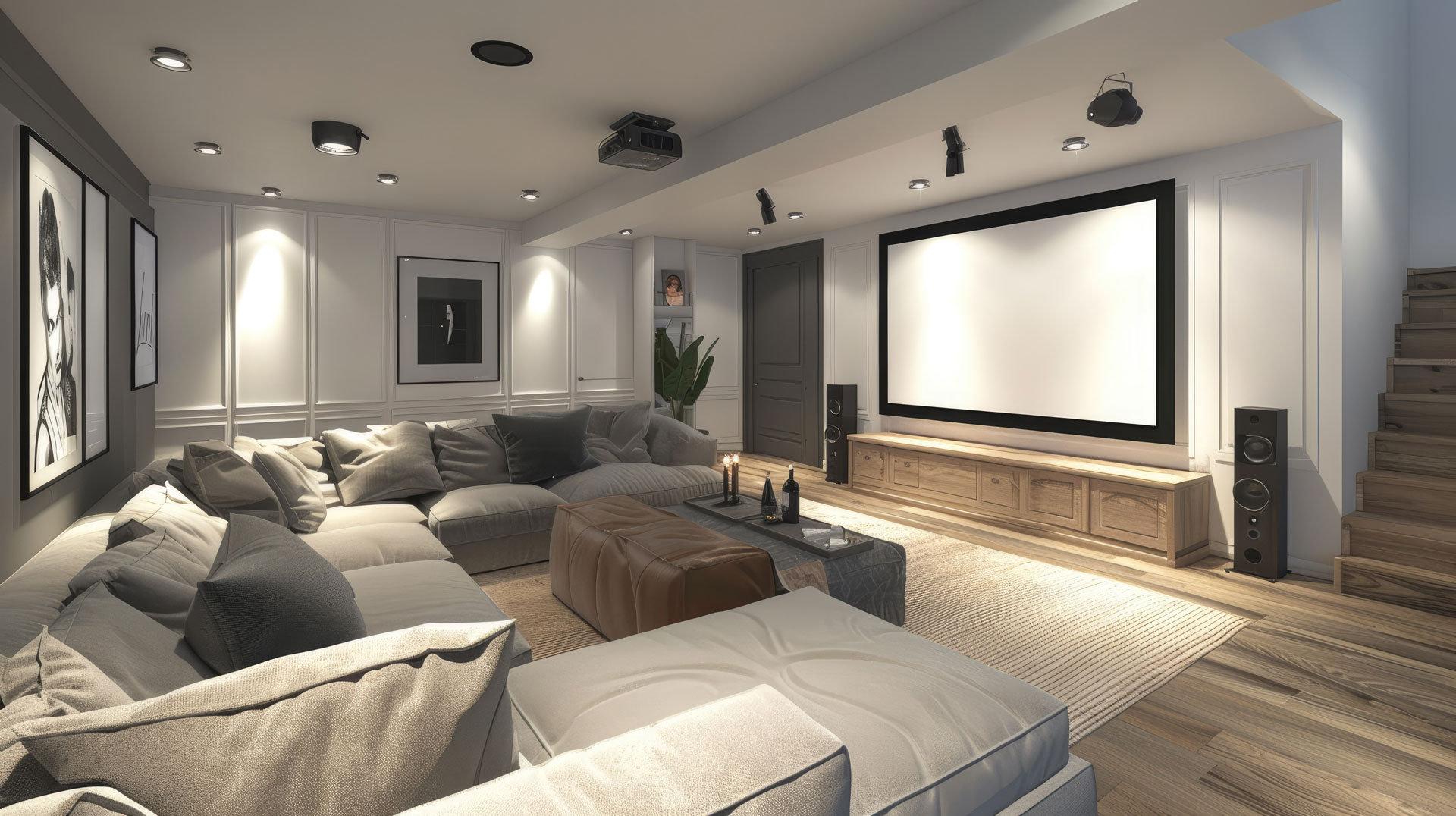 A living room designed for entertainment, with a large sectional sofa, surround sound system, and a projector screen for movie nights.