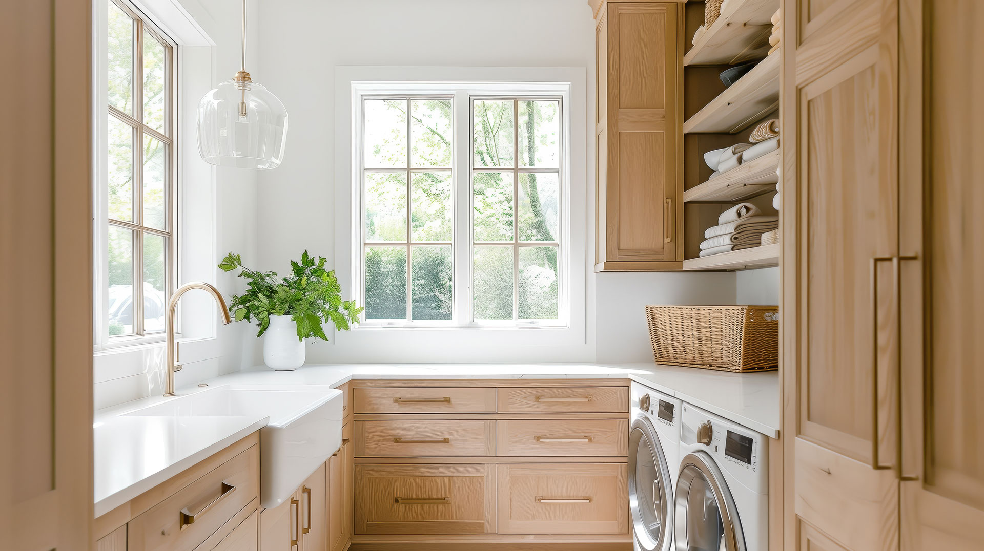 A beautiful modern farmhouse laundry room with white oak cabinets and shelves, a gold faucet and white apron sink, and white marble countertops.