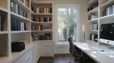 A contemporary home office featuring a minimalist bookshelf with open shelves, showcasing a clean and organized workspace with a touch of elegance.