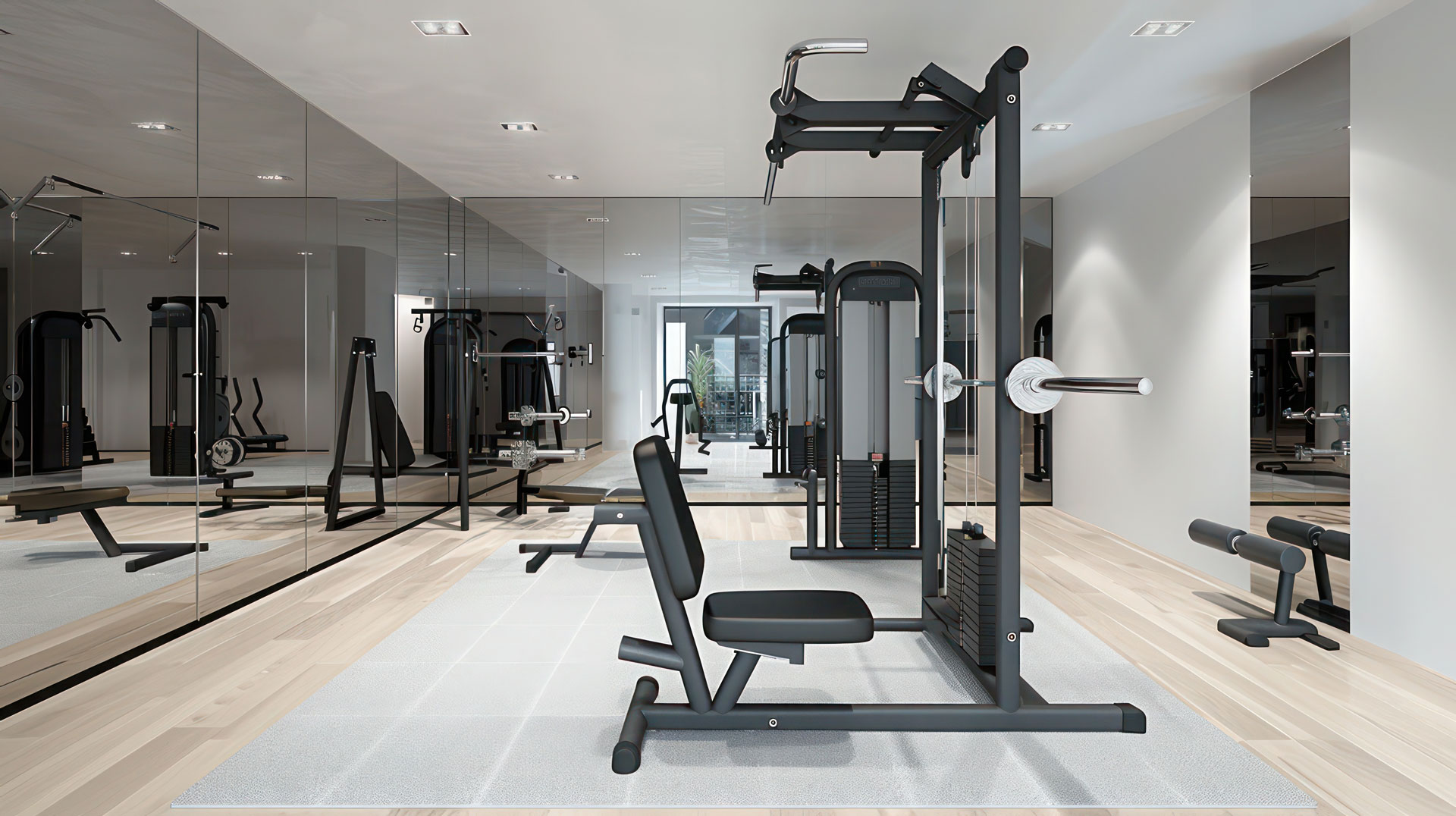 modern home gym with sleek equipment, a mirrored wall, and ample space for various workouts.