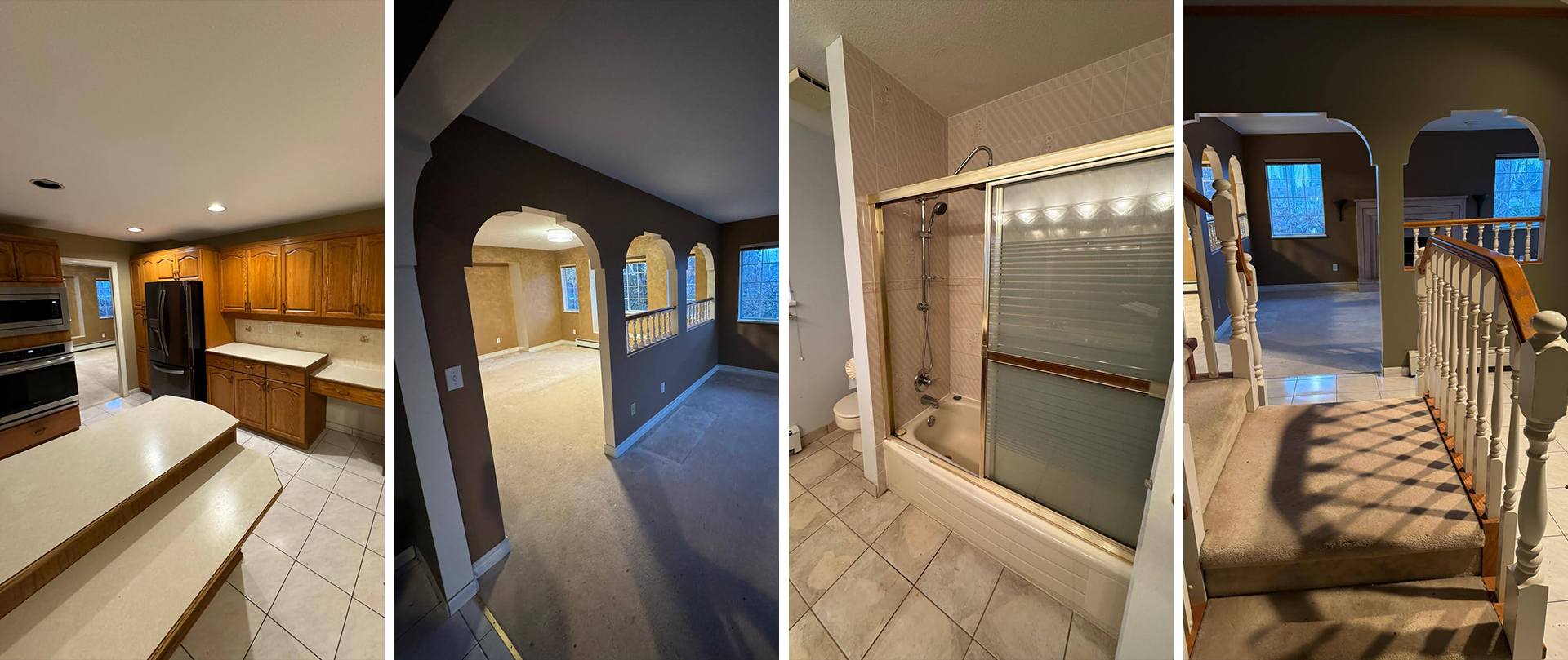 Dated cabinetry and tile with poor flow. Dark arches and heavy finishes blocked light. Failing fixtures and dated tile. Worn stairs and railings needing a refresh.