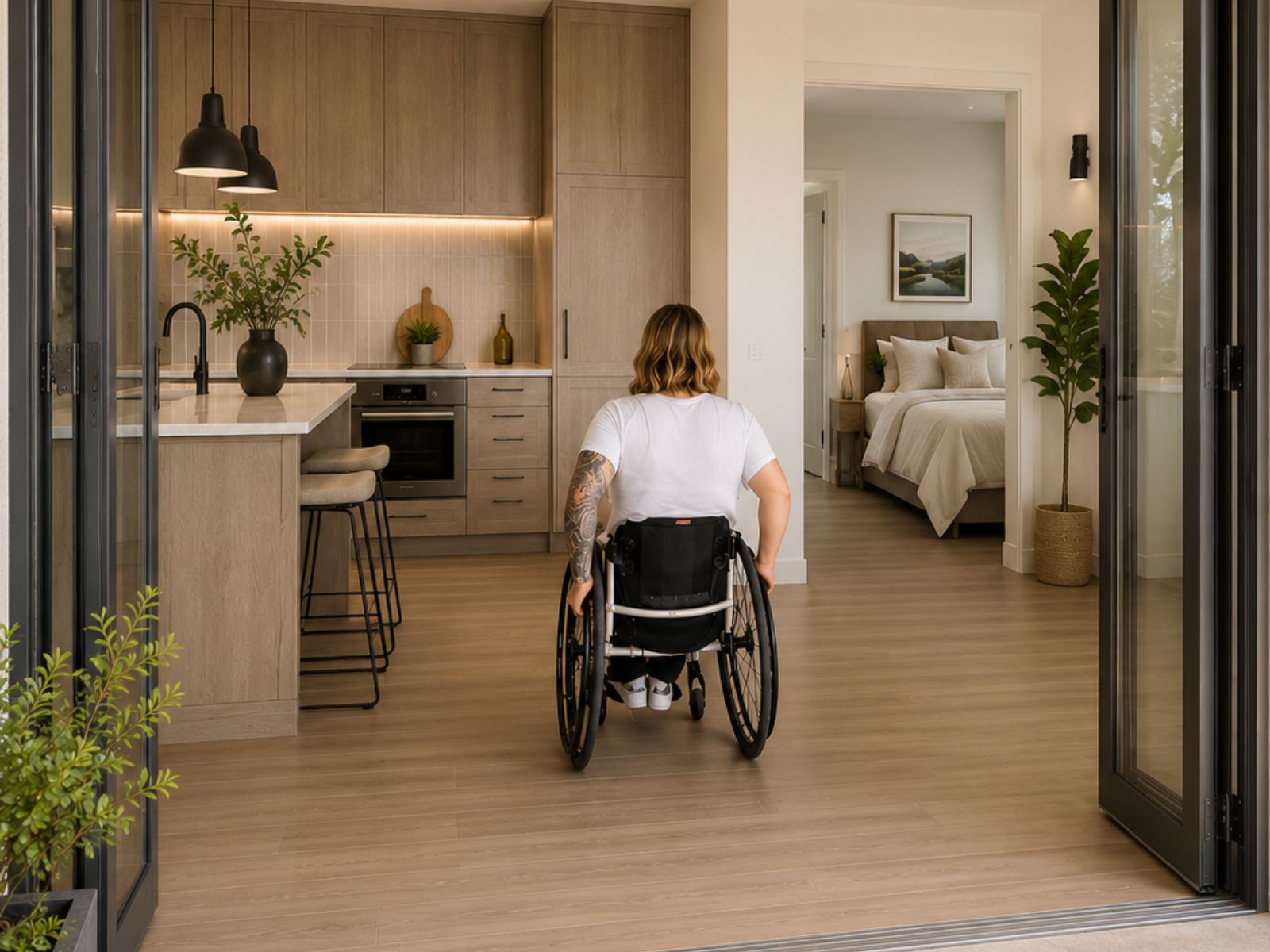 Modern step-free home entrance with a flush threshold and wheelchair-accessible design, providing safe and barrier-free access for aging in place.