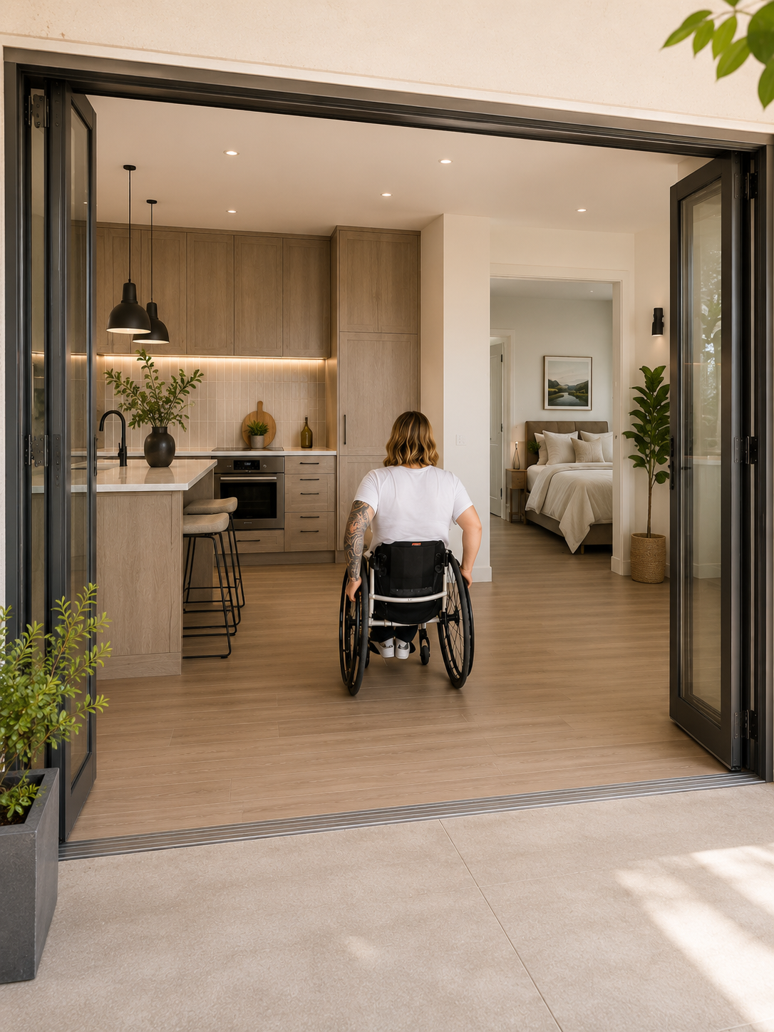 Step-Free Home Entrance Modern step-free home entrance with a flush threshold and wheelchair-accessible design, providing safe and barrier-free access for aging in place.