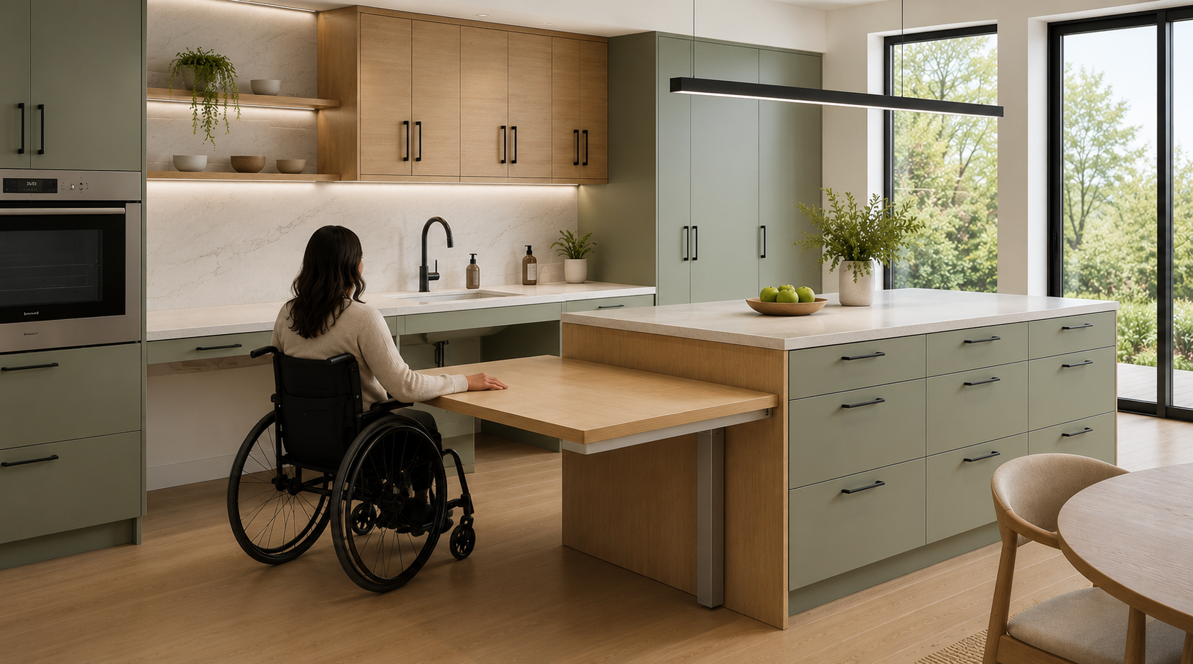 Adaptive Home Kitchen Design Modern accessible kitchen with lowered work surface, wheelchair clearance, and universal design features for independent living.