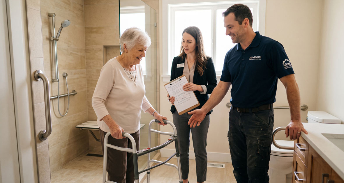 Adaptive home renovation consultation with homeowner in an accessible bathroom
