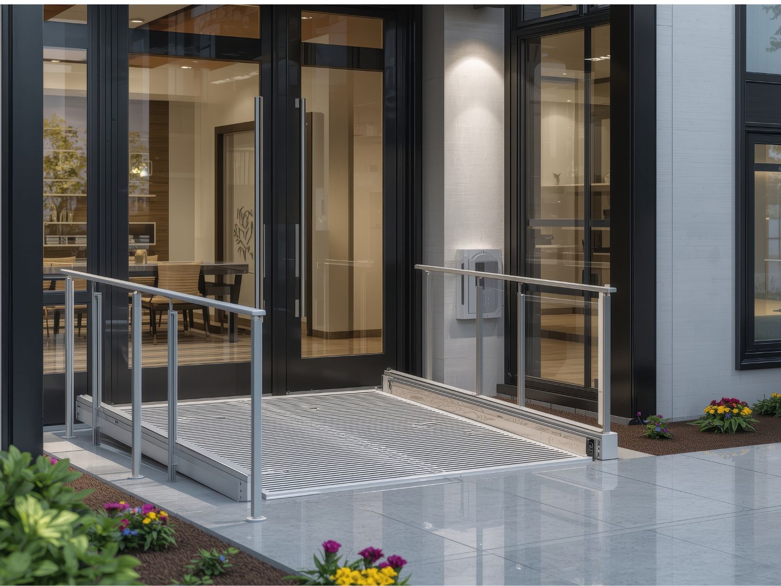 Modern home entrance with a metal wheelchair access ramp and handrails, providing safe and barrier-free access for seniors and people with mobility challenges.