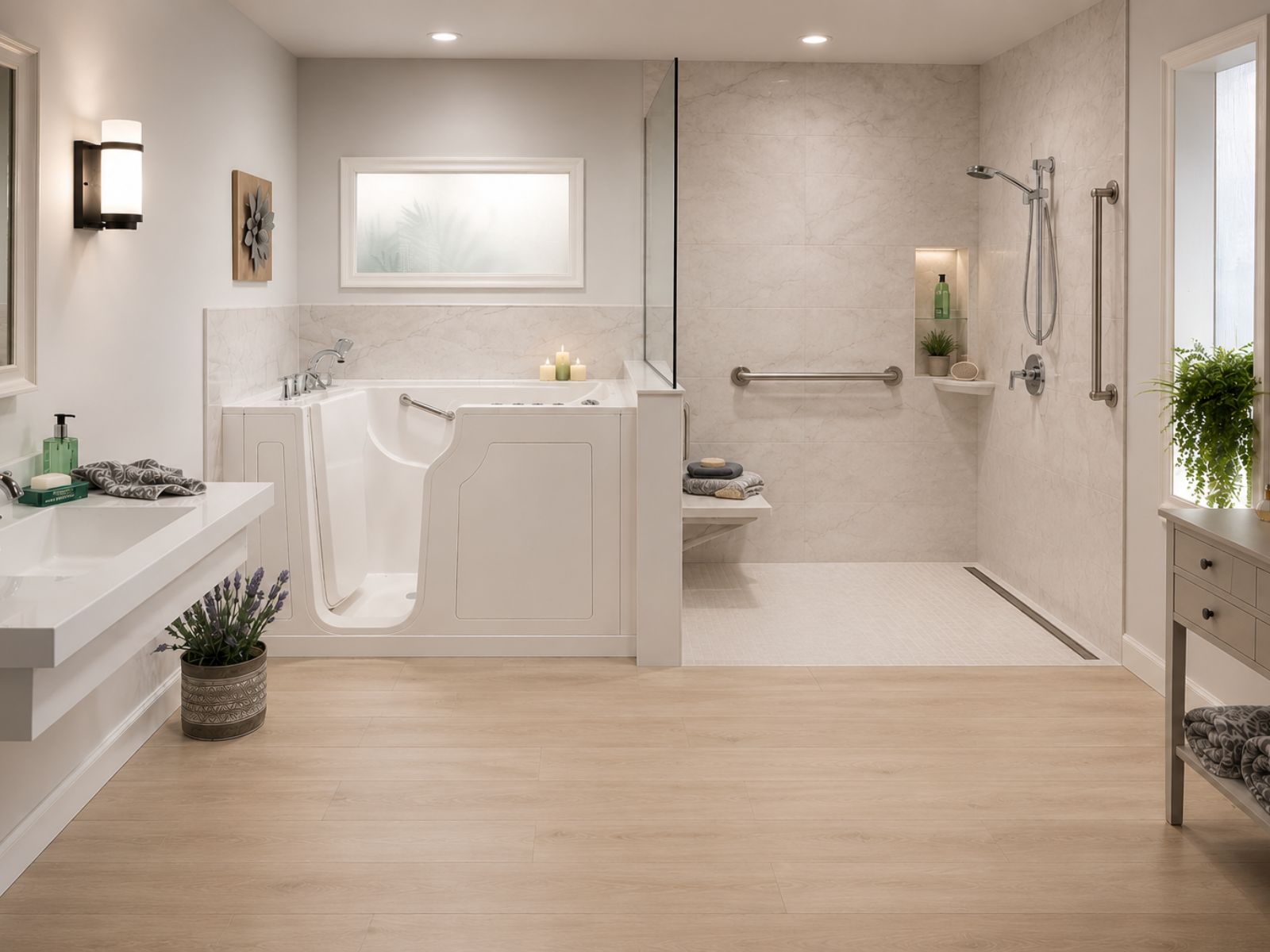 Modern accessible bathroom featuring a walk-in bathtub, comfort-height toilet, and universal design for safe bathing and aging in place.
