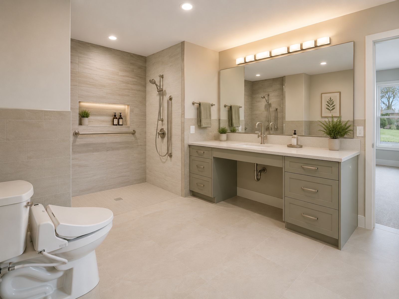 Modern accessible bathroom featuring a barrier-free walk-in shower, comfort-height toilet, floating vanity, and universal design for aging in place.